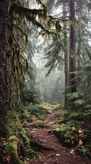 Obraz premium Mysterious Mossy Forest Path on a Misty Day