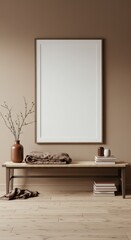Empty Picture Frame Elegance: An elegant minimalist interior scene with a blank picture frame as the focal point. It captures a sense of simplicity, aesthetic appeal, and sophistication.