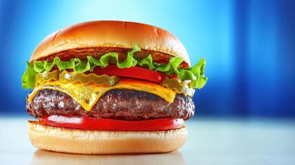 Juicy Cheeseburger with Fresh Vegetables on a Light Background