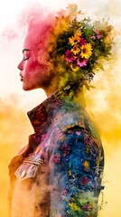 Woman with eyes closed is adorned with flowers on her head and colorful smoke against a bright background, wearing a decorated jacket.