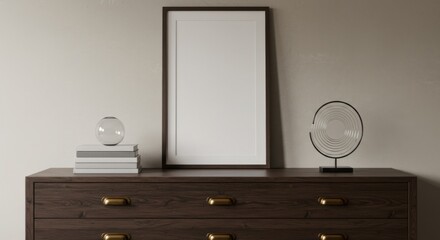 Elegant Mockup: A sophisticated, minimalist mockup of a blank art print, gracefully positioned above a meticulously crafted wooden cabinet, alongside tasteful decorative accents. 
