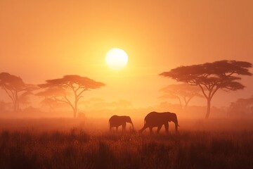 Naklejka premium African Safari Sunset with Elephants and Acacia Trees in Misty Savannah