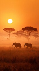 Vertical Safari Sunset with Elephants and Acacia Trees in Hazy Landscape