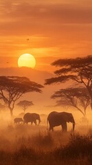 Vertical Safari Sunset with Elephants and Acacia Trees in Misty Landscape