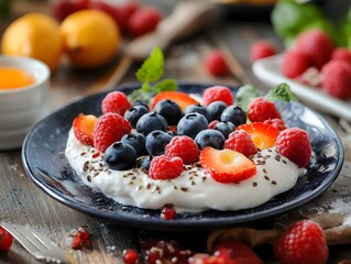 Delicious yogurt bowl topped with fresh berries and chia seeds served on a rustic wooden table