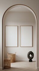 Interior Art Gallery: A beautifully designed interior art gallery, featuring two blank canvases, a woven basket, and an abstract sculpture.