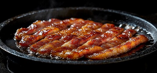 Crispy Bacon Strips Sizzling in a Cast Iron Pan