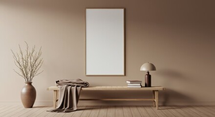 Cozy Living Room Mockup: A meticulously crafted interior space with an empty frame ready for your creative expression, a bench with a blanket and a lamp.