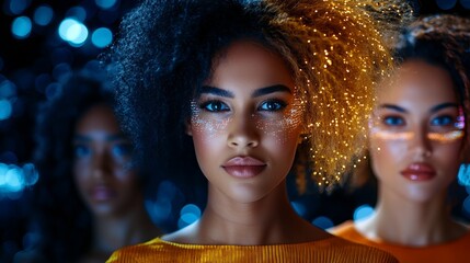 Woman with unique hair and makeup stands prominently, surrounded by two blurred women in a bokeh-lit background.