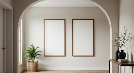 Interior Decor: Minimalist modern interior showcasing two blank frames against a neutral wall, creating a serene atmosphere perfect for showcasing art or design. Featuring natural light.