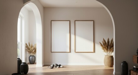 Serene Gallery in a Modern Interior: Two blank canvases, poised for artistry, grace a sunlit, arched interior, evoking a sense of tranquility and creative potential.