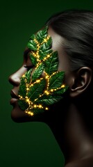 Woman's face is adorned with green leaves and glowing lights against a dark green background in a side view.