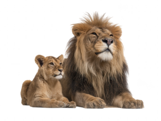 Majestic Male Lion and Young Lioness Resting Together - Studio Portrait