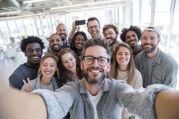 A diverse group of smiling coworkers take a cheerful selfie in a modern, bright office space