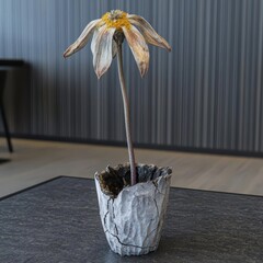 Elegant wilted flower in cracked pot on modern table background