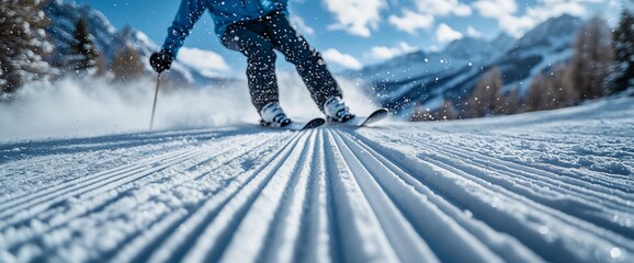 Skier Carving Fresh Powder on Groomed Slope, Winter Mountain Scene