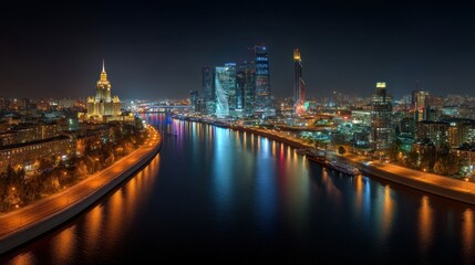 Obraz premium Night cityscape illuminated skyscrapers and river reflections