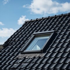 Open roof window in velux style with black roof tiles, skylight, window, home improvement, architecture .