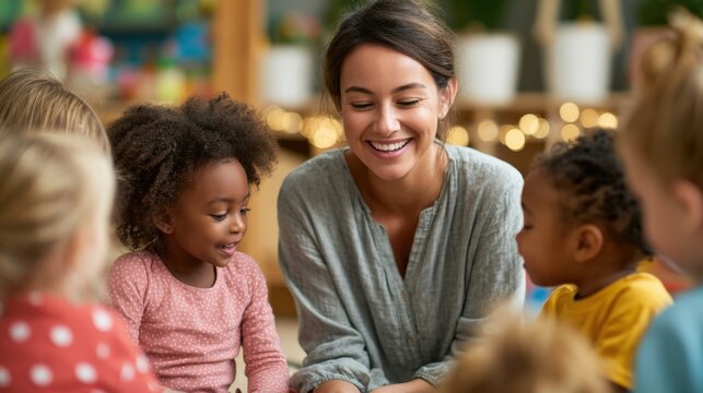 Kindergarten teacher playing with children during interactive learning activity, cheerful environment,