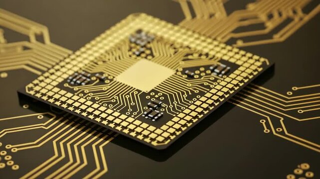 Detailed golden computer chip circuit board for advanced technology and microchip engineering. - Powered by Adobe