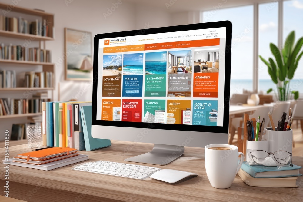 Aufkleber modern workspace with digital screen displaying a vibrant and professional website