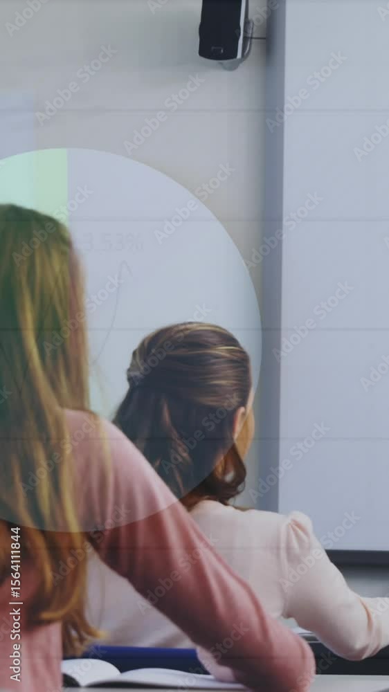 Poster animation of statistical data processing over boy talking in front of class at school