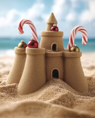 Festive Sandcastle with Holiday Ornaments and Candy Canes on Beach