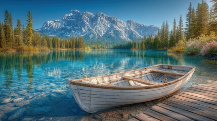 Obraz premium Serene mountain lake a vintage dock and perfect reflections
