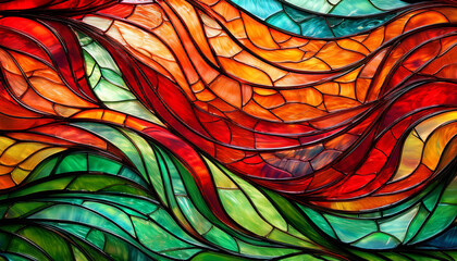 abstract stained glass composition with flowing wave patterns in vibrant red orange and green hues perfect for artistic background use