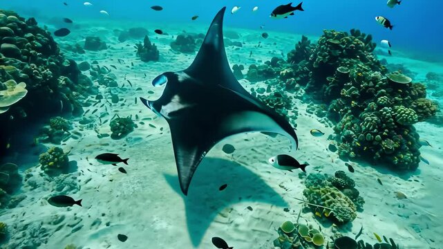 Graceful manta ray swimming in ocean with coral reef, underwater wildlife scene.