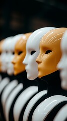 A row of glossy, faceless mannequins presents both white and tan colored faces against a blurred dark backdrop.