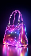 A fluorescent handbag sits against a dark background with internal neon lights and polished chrome accents.