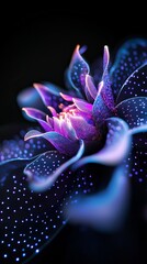 Abstract flower shows glowing light emanating from its center with violet and blue petals in a dark setting.