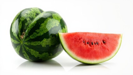 A heart-shaped watermelon sits next to a slice of watermelon, revealing its juicy red flesh. The unique shape contrasts with the natural green rind, creating a visually striking and refreshing scene.