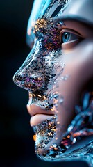 Artificial face presents metallic sheen with crystalline patterns and blue eye, set against dark background.