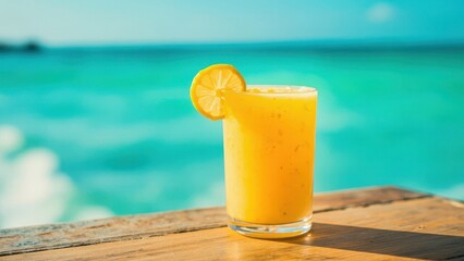 A glass of orange juice with a lemon slice rests on a wooden surface, overlooking an ocean scene with waves and a clear blue sky. The composition evokes a relaxing, refreshing beachside ambiance.