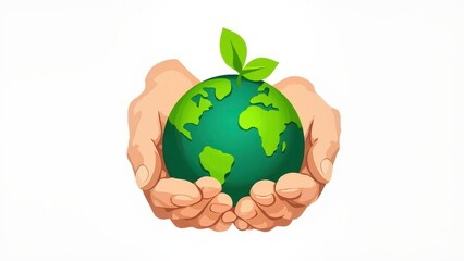 Two hands gently cradle a green globe with continents illustrated in a soft gradient. A small sprouting plant emerges from the top, symbolizing environmental conservation, sustainability,