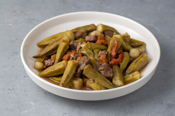 Bamya, Turkish traditional food. (Turkish cuisine) Homemade Food Okra in Plate. Organic Food.