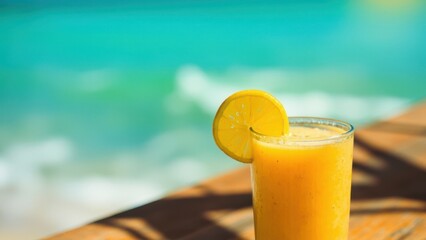 A glass of orange juice with a lemon slice rests on a wooden surface, overlooking an ocean scene with waves and a clear blue sky. The composition evokes a relaxing, refreshing beachside ambiance.