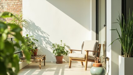 A cozy outdoor space features a single cushioned wooden chair on a concrete floor, surrounded by lush potted plants. Sunlight casts soft shadows, creating a relaxing and inviting balcony 