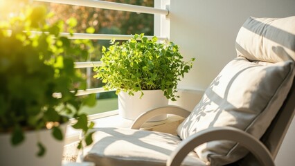 A cozy outdoor space features a single cushioned wooden chair on a concrete floor, surrounded by lush potted plants. Sunlight casts soft shadows, creating a relaxing and inviting balcony 