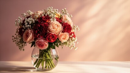 A bouquet of pink and red roses, red carnations, and delicate white baby's breath flowers sits in a round glass vase filled with water. The soft pink background enhances the warm