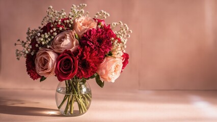 A bouquet of pink and red roses, red carnations, and delicate white baby's breath flowers sits in a round glass vase filled with water. The soft pink background enhances the warm