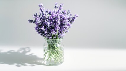 A bouquet of lavender flowers in a clear glass jar sits on a table. The soft, blurred background enhances the vibrant purple hues, evoking a serene and aromatic atmosphere.