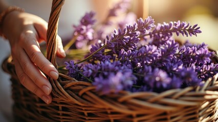 A wicker basket filled with freshly picked lavender flowers sits under natural sunlight. A pair of hands arranges the stems, highlighting the vibrant purple color and the rustic texture of the basket.