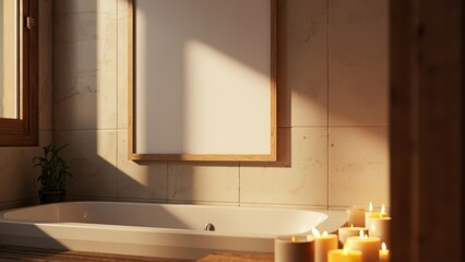 A modern bathroom features a sleek white bathtub against a gray tiled wall. Two lit candles and green potted plants on either side create a serene and tranquil atmosphere.