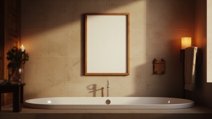 A modern bathroom features a sleek white bathtub against a gray tiled wall. Two lit candles and green potted plants on either side create a serene and tranquil atmosphere.