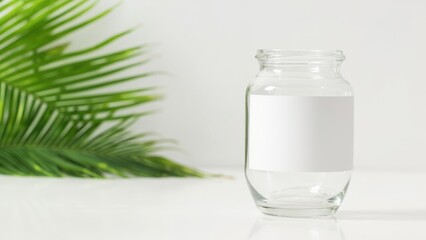 A clear glass jar with a white label sits on a white background. A green palm leaf is positioned to the left, adding a fresh and natural element to the composition’s clean, minimalistic aesthetic.