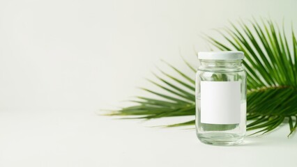A clear glass jar with a white label sits on a white background. A green palm leaf is positioned to the left, adding a fresh and natural element to the composition’s clean, minimalistic aesthetic.