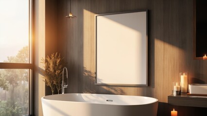 A modern bathroom features a sleek white bathtub against a gray tiled wall. Two lit candles and green potted plants on either side create a serene and tranquil atmosphere.